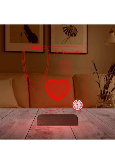 Luvivia Doktora Hediye Steteskop Kişiye Özel Metal Saatli 3d Lamba - Masa Gece Lambası Şeffaf