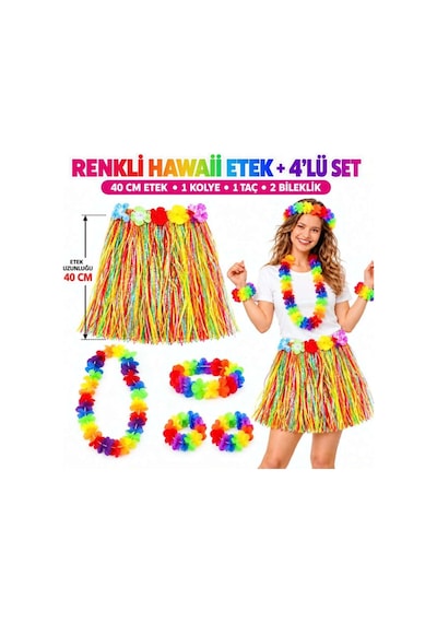Renkli Hawaii Etek 40 Cm Ve 4 Lü Hawaii Seti