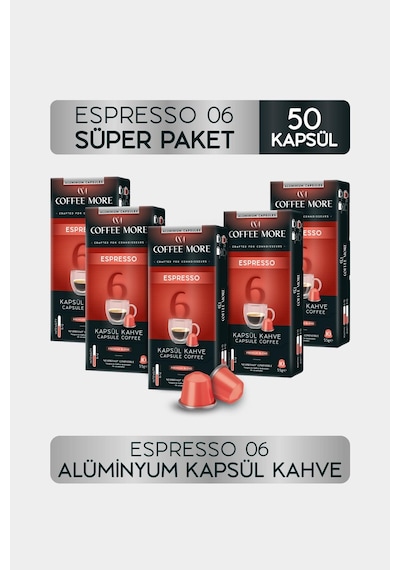 Coffee More 6 Espresso Kapsül Kahve 10 X 5 Paket 50 Adet Nespresso Uyumlu Kapsül Kahve