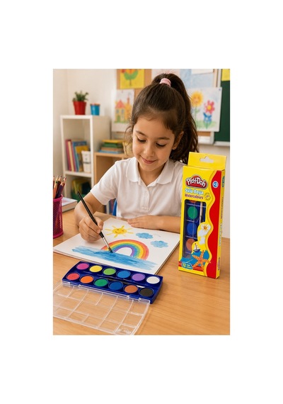 12 Renk Sulu Boya 23mm 1 Paket Play-doh 12 Li Suluboya Fırça Hediyeli Canlı Renkler Kaliteli Yıkanabilir Zararsız Küçük Çok Renkli