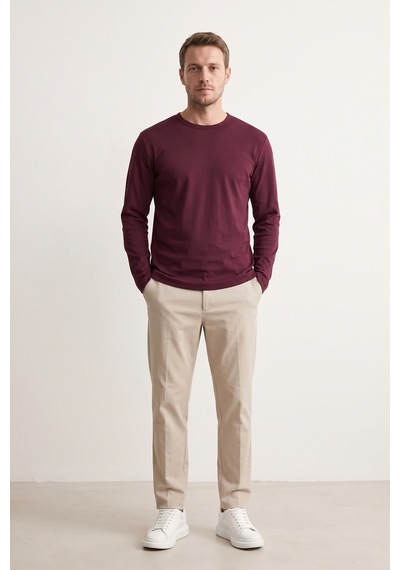 Elemge %100 Pamuk Süprem Basic Erkek T-shirt Compact Penye Tok Yumuşak Kumaş Normal Kalıp Terletmez Uzun Kollu Bordo Sporcu Motorcu Tişört Body