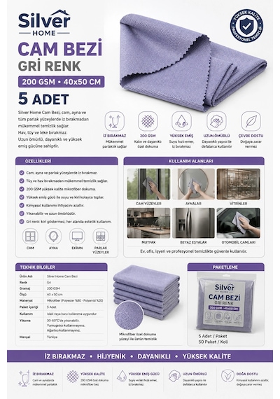 Silver Home Cam Bezi Gri Renk 200 Gsm 40x50 Cm 5 Adet Çok Renkli