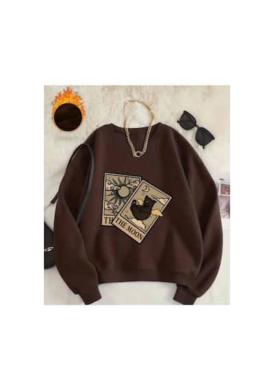 Herkesemoda The Moon Baskı Detaylı Bisiklet Yaka Sweatshirt Kahverengi