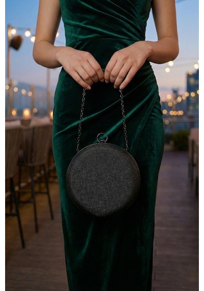 Vivazzaluxe Modern Yuvarlak Model Simli Düğün Nişan Gelin Kadın Abiye Clutch Çanta Siyah