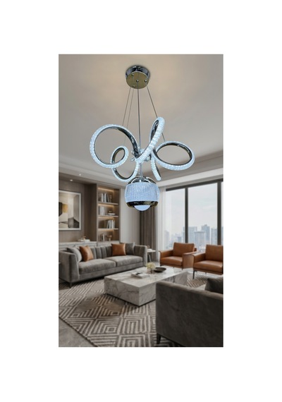 Kıvrım Tekli Simli Yakamoz Top Modern Sarkıt Led Avize Kumandalı Krom Krom