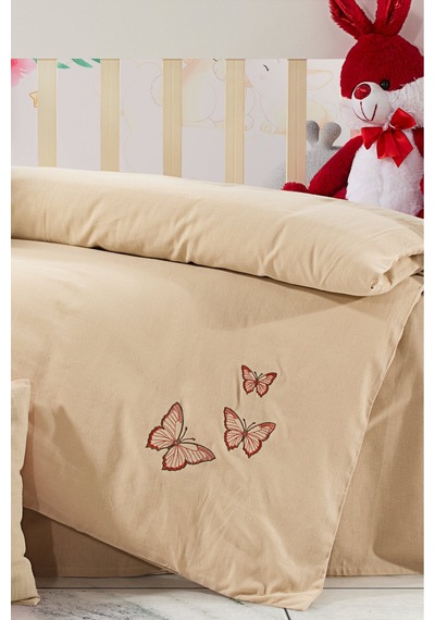 Kelebek Nakış İşlemeli Natural Keten Fırfırlı Bebek Nevresim Takımı Bej - 786785424 Bej