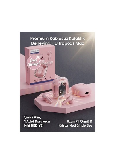 Bluetooth Kulaklık Kadın Erkek İos Android Uyumlu Dokunmatik Stereo Şeffaf Led Ekran Extra Bass Tws Pembe - 702797553