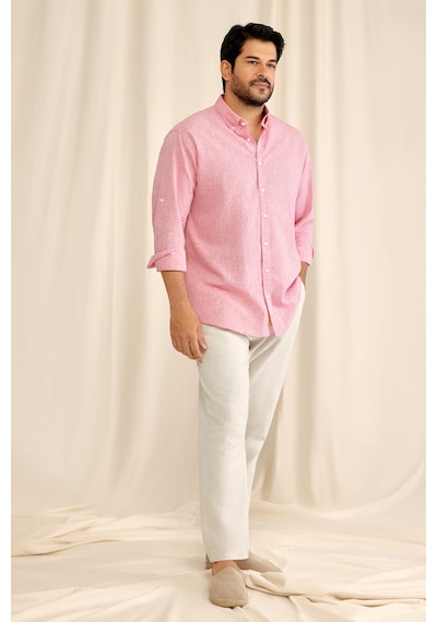 AC&Co / Altınyıldız Classics Erkek FUSYA Comfort Fit Rahat Kesim Düğmeli Yaka Casual Keten Gömlek Fuşya