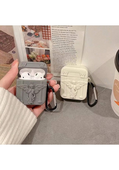 Microsonic Apple Uyumlu AirPods 4.nesil / Anc Kılıf Cartoon Figürlü Silikon Praying Angel Bej - Gri