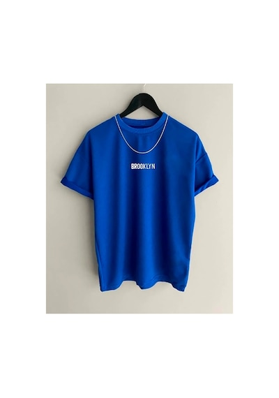 Medinenur Brooklyn Baskılı Unisex Bisiklet Yaka T-shirt Mavi