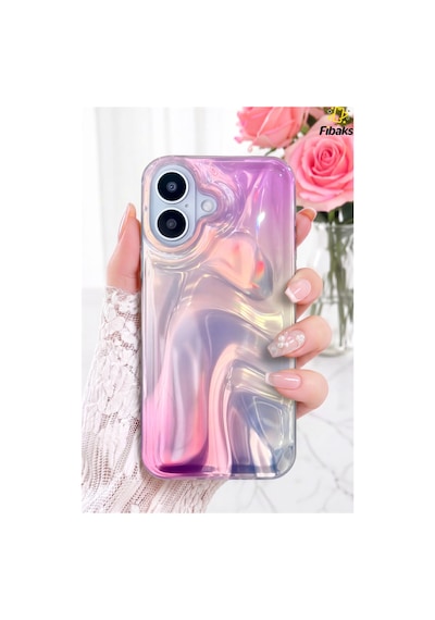 Fibaks iPhone 16 Uyumlu Kılıf Rüya Shine Saten Dokulu Renk Geçişli Hologram Efektli 3d Baskılı Silikon