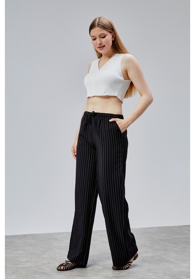 Genius Store Kadın Pantolon Geniş Paça Yüksel Bel Cepli Çizgili Pantolon Çizgili-pantolon Siyah