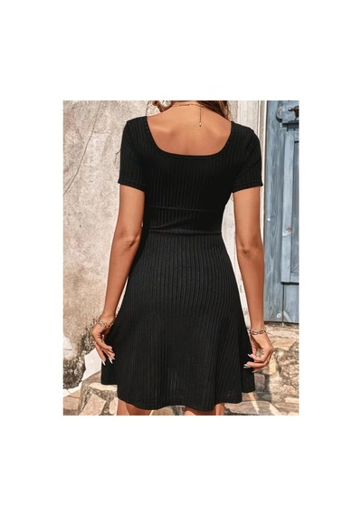 Butik İstanbul Kadın Kısa Kollu Kare Yakalı Bağcıklı Kaşkorse Elbise Siyah
