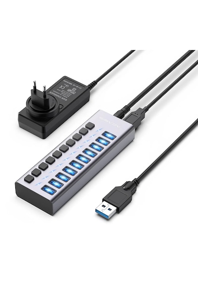 Acasis Hs710 10 Port Usb-a 10gbps Usb 3.1, On/off Port Özellikli, Alüminyum Kasa, 48w Güç Adaptörlü, Led Işıklı, Usb Çoklayıcı Hub