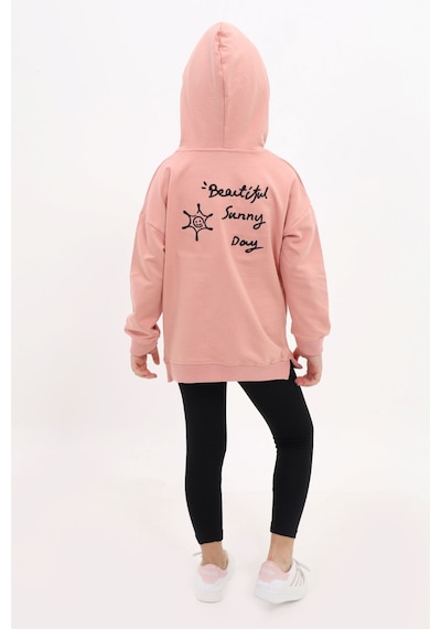 Toontoy Kids Toontoy Kız Çocuk 2'li Takım Baskılı Kapüşonlu Düşük Omuz Cepli Yırtmaçlı Sweatshirt & Basic Düz Tayt Mercan