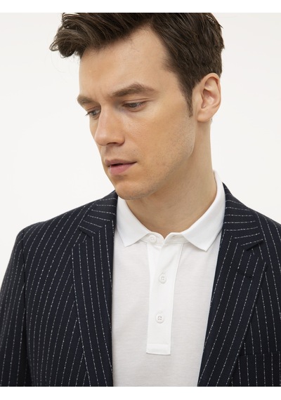Cacharel Lacivert Slim Fit Keten Karışımlı Çizgili Ceket