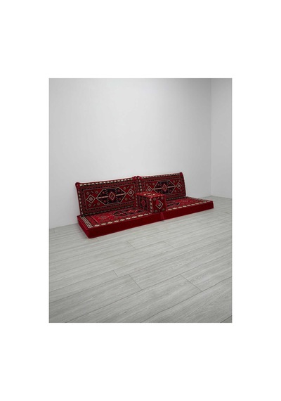 Sedir Deseni Şark Köşesi Takımı 70x190 Cm 4 Parça Dolu Set - Kırmızı Çökmeyen Sünger