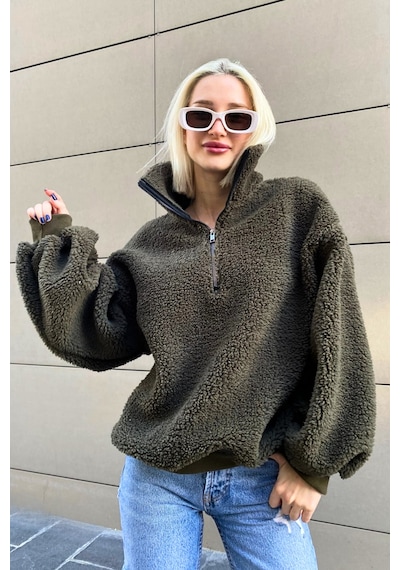 Madmext Haki Peluş Fermuar Yaka Sweatshirt Mg1413 Haki