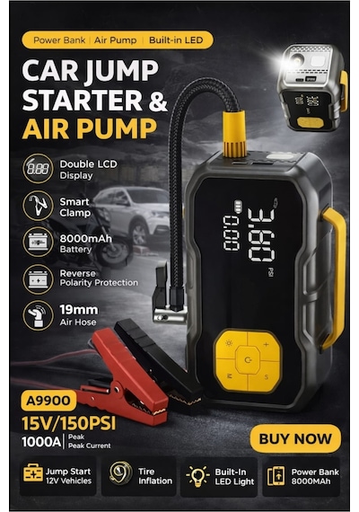 8000mah 150psi Lastik Şişirme Pompası Ve Akü Takviye Cihazı Led Işıklı Powerbank