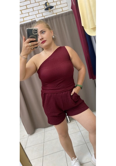 Tuba Toptaş Gofre Şort Lastikli Bel Bordo