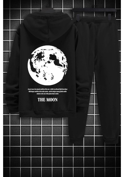 Uyguntarz Unisex Özel Tasarım The Moon Baskılı Üst Alt Eşofman Takımı Siyah