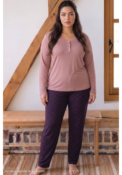 Siyah İnci Pudra Desenli Büyük Beden Battal Boy Düğmeli Viskon Örme Pijama Takım 26224867