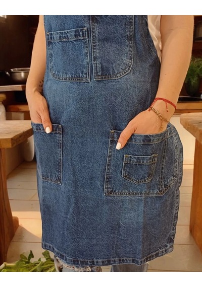 Kot Kumaş Boyundan Askılı Çok Cepli Mutfak Önlüğü Mavi M