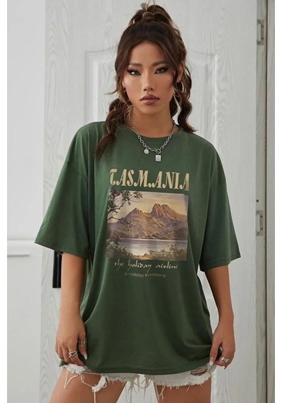 Unisex Tasmania Baskılı Tasarım Tshirt Yeşil