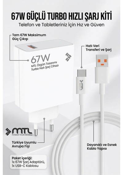 67w Turbo Şarj Saniyeli Usb Adaptör + Usb Type-c Kablo Hızlı Şarj Seti Mt1763