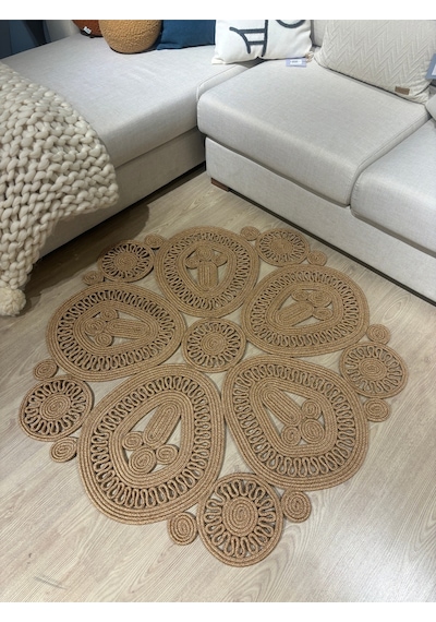 Mavaux Melody Jüt Doğal Hasır Kilim Bej Geometrik Bohem Yuvarlak El Örmesi Halı Jüt
