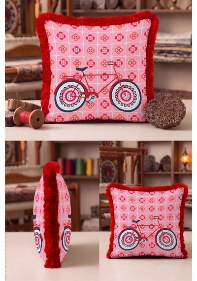 Retro Bisiklet Motifli Saçaklı Yastık Kılıfı - Nostaljik Pembe Bordo Püsküllü Kırlent Kılıfı Sakin Rota Ritüel Retro Bisiklet Motifli Saçaklı Yastık Kılıfı - Nostaljik Pembe Bordo Püsküllü Kırlent Kılıfı Sakin Rota Ritüel