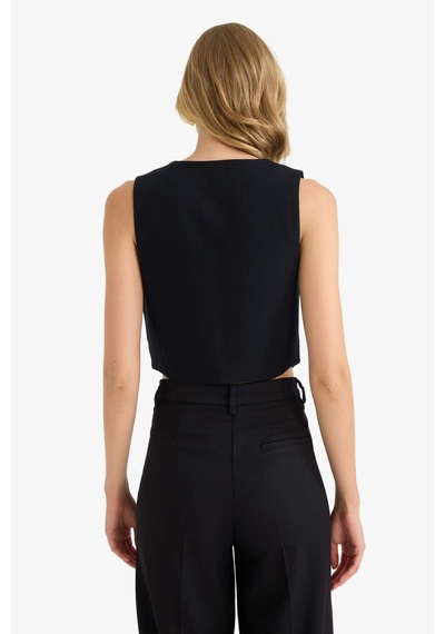 DeFacto Crop V Yaka Keten Karışımlı Blazer Siyah Yelek C7798AX25SMBK81