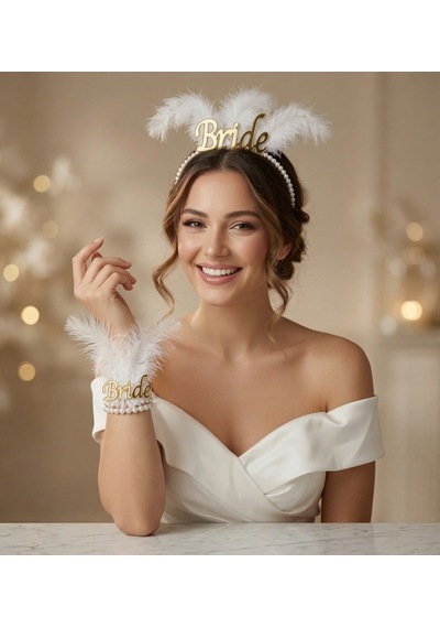Bride İncili Tüylü Gold Taç Ve Bileklik Seti Bekarlığa Veda Kına Gecesi Aksesuarı Diğer
