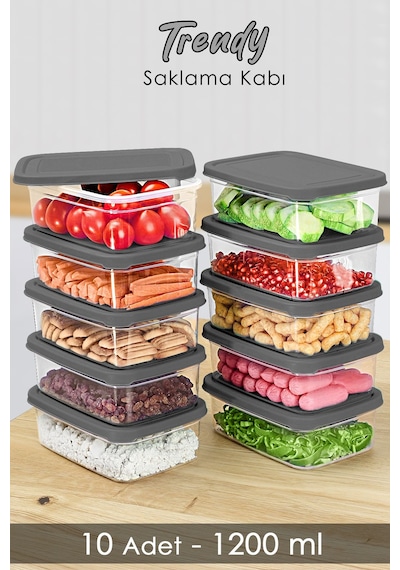 Meleni Home 10 Adet Dikdörtgen Erzak Saklama Kabı Mikrodalgaya Uygun Düzenleyici Organizer 1200 ML Gri