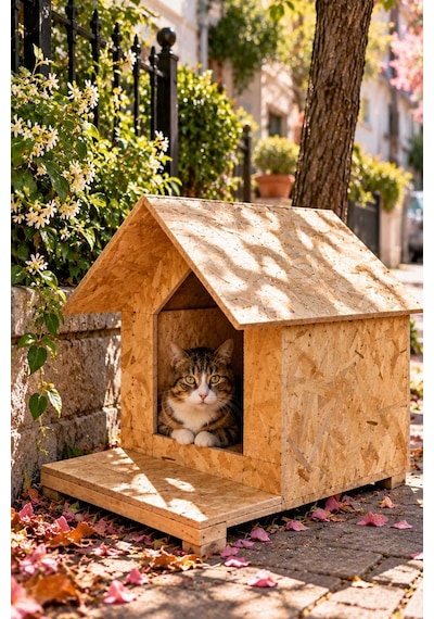 Reyo Kedi Evi 45x40x40 cm, Kedi Barınağı Yağmur ve Rüzgara Dayanıklı OSB Ahşap Kedi Yuvası CAT20