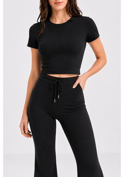 Mixray 2120 Kadın Crop T-shirt Ve Palazzo Pantolon Takım Siyah