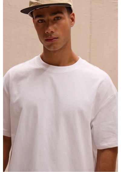 Erkek %100 Organik Pamuklu Kalın Dokulu Comfort Fit Bisiklet Yakalı T-shirt Beyaz