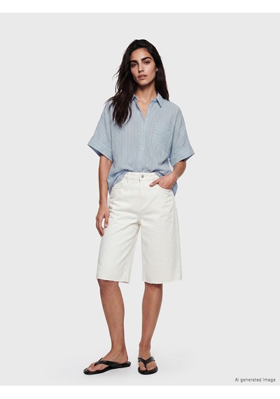 Lcw Vision Mavi Çizgili Oversize Kadın Gömlek
