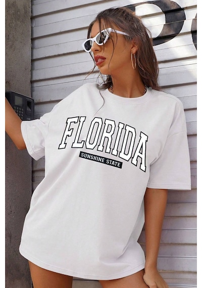 Uyguntarz Unisex Florida Baskılı Tasarım Tshirt Beyaz