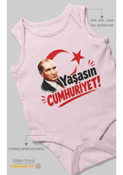 Morivokids Yaşasın Cumhuriyet Sıfır Kol Bebek Body %100 Pamuk Bebe Pembe