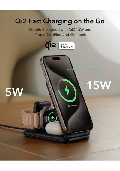 3 In 1 15w Seyahat Şarj Standı iPhone + AirPods + Apple Uyumlu Watch Magsafe Deri Halolock Qi2 Siyah