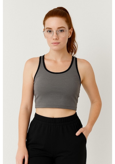 Tommy Life Antrasit Melanj Basic Sıfır Kol Dar Kalıp U Yaka Kadın Crop Top Atlet - 97162 Antrasit