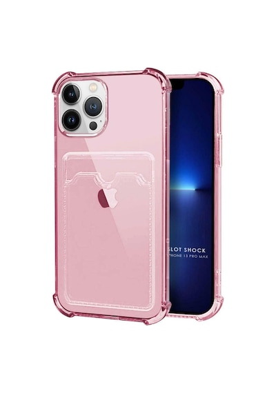 Apple Uyumlu iPhone 13 Pro Max Kılıf Darbe Emici Köşe Korumalı Kartlıklı Cüzdanlı Silikon Kapak Pembe