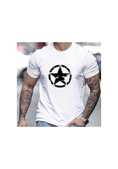 Caddemia Yaz Rahat Rahat Gevşek Büyük Boy Yıldız Logosu Grafik Baskılı Spor Yuvarlak Beyaz 2XL