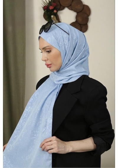 Flora Tekstil Çiçekli Desen İnce Medine İpeği Jakar Şal Bebek Mavisi