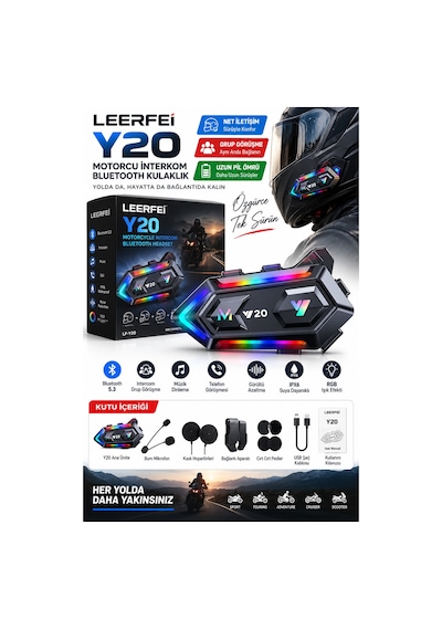 Y20 Lf-y20 Motosiklet Kask Bluetooth Kulaklığı Rgb Işıklı Bluetooth 5.3 Ipx6 1000 Mah Type-c