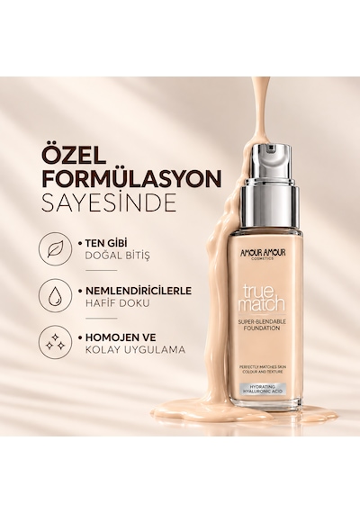 True Match Nemlendirici Likit Fondöten 30 Ml Hyaluronik Asitli, 24 Saat Kalıcı & Terlemeye Dayanıklı Doğal Bitiş 0.5n