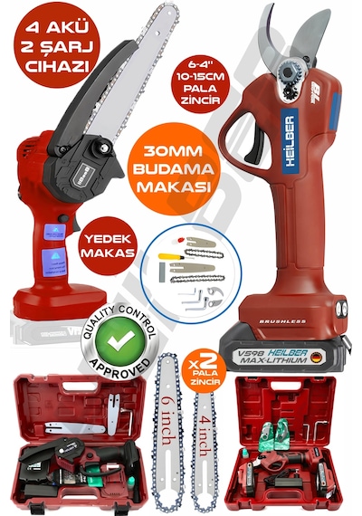 Böhrer V598/21V 4 Batarya  6806K Akülü 10-15 CM Dal Budama Testeresi + 6253K 30 MM Yedek Bıçak Şarjlı Bağ Makası Kırmızı