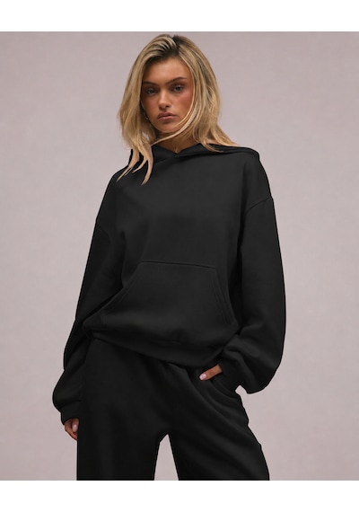 Macklin Unisex Kadın Erkek Baskısız Rahat Kalıp Oversize 3 İplik Kapüşonlu Hoodie Ve Baggy Eşofman Altı Siyah