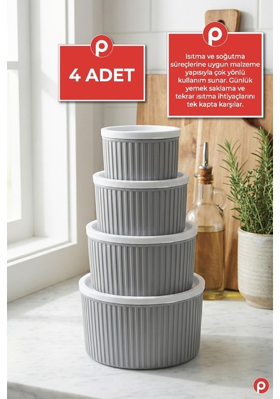 4'lü Çizgili Yuvarlak Saklama Kabı Seti Bej 3l - 1.8l - 1l - 0.55l Mikrodalga & Dondurucu Uyumlu Gri